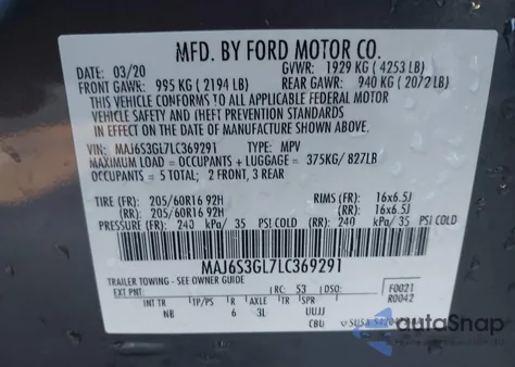 2020 Ford Ecosport Se z USA, uszkodzony, nr VIN MAJ6S3GL7LC369291